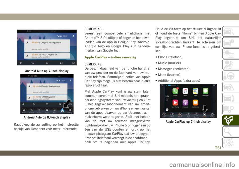 JEEP WRANGLER 2DOORS 2018 Instructieboek (in Dutch) Raadpleeg de aanvulling op het instructie-
boekje van Uconnect voor meer informatie.OPMERKING:
Vereist een compatibele smartphone met
Android™ 5.0 Lollipop of hoger en het down-
loaden van de app in JEEP WRANGLER 2DOORS 2018 Instructieboek (in Dutch) Raadpleeg de aanvulling op het instructie-
boekje van Uconnect voor meer informatie.OPMERKING:
Vereist een compatibele smartphone met
Android™ 5.0 Lollipop of hoger en het down-
loaden van de app in