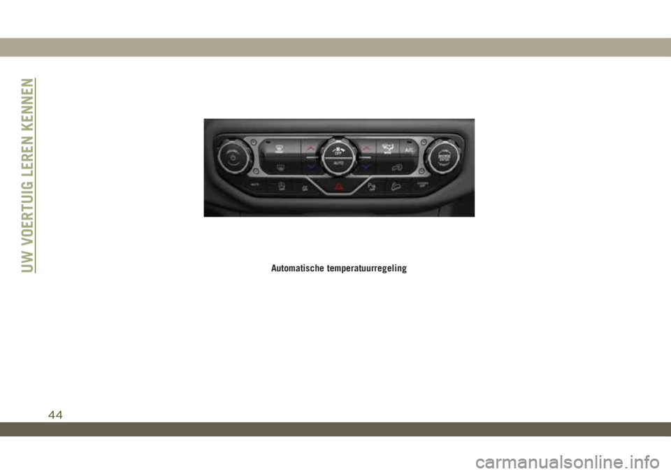 JEEP WRANGLER 2DOORS 2018 Instructieboek (in Dutch) Automatische temperatuurregelingUW VOERTUIG LEREN KENNEN
44 JEEP WRANGLER 2DOORS 2018 Instructieboek (in Dutch) Automatische temperatuurregelingUW VOERTUIG LEREN KENNEN
44