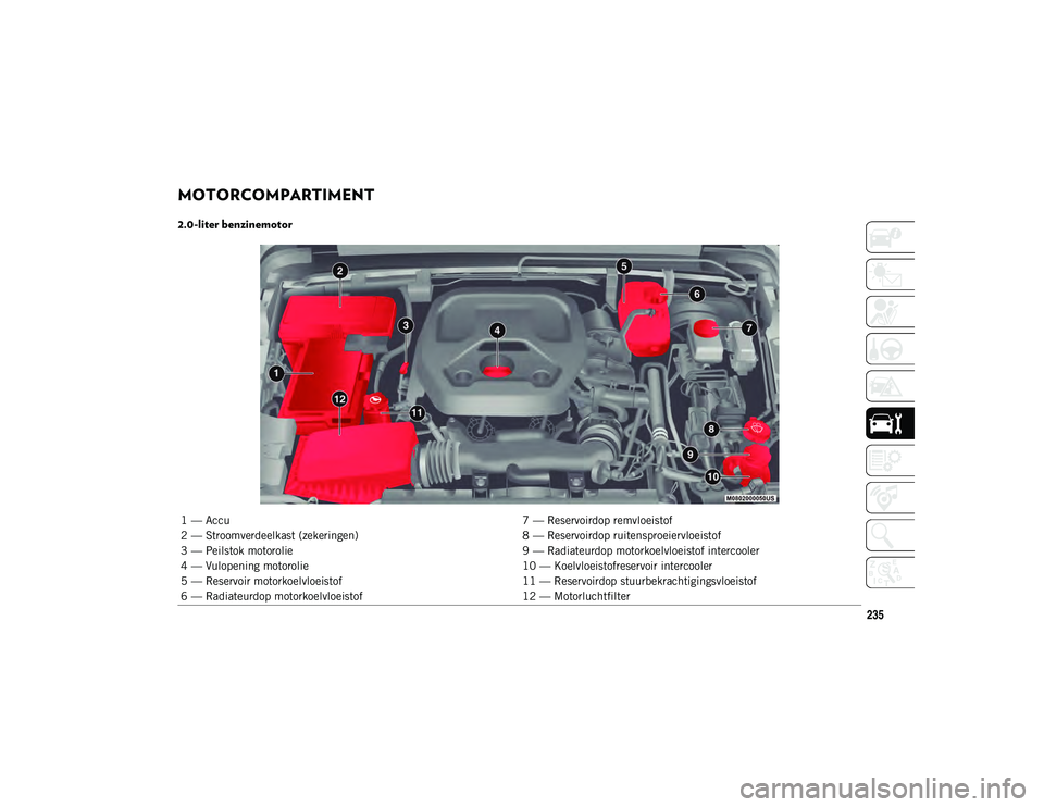 JEEP WRANGLER 2DOORS 2021 Instructieboek (in Dutch) 235
MOTORCOMPARTIMENT
2.0-liter benzinemotor
1 — Accu7 — Reservoirdop remvloeistof
2 — Stroomverdeelkast (zekeringen) 8 — Reservoirdop ruitensproeiervloeistof
3 — Peilstok motorolie 9 — JEEP WRANGLER 2DOORS 2021 Instructieboek (in Dutch) 235
MOTORCOMPARTIMENT
2.0-liter benzinemotor
1 — Accu7 — Reservoirdop remvloeistof
2 — Stroomverdeelkast (zekeringen) 8 — Reservoirdop ruitensproeiervloeistof
3 — Peilstok motorolie 9 —