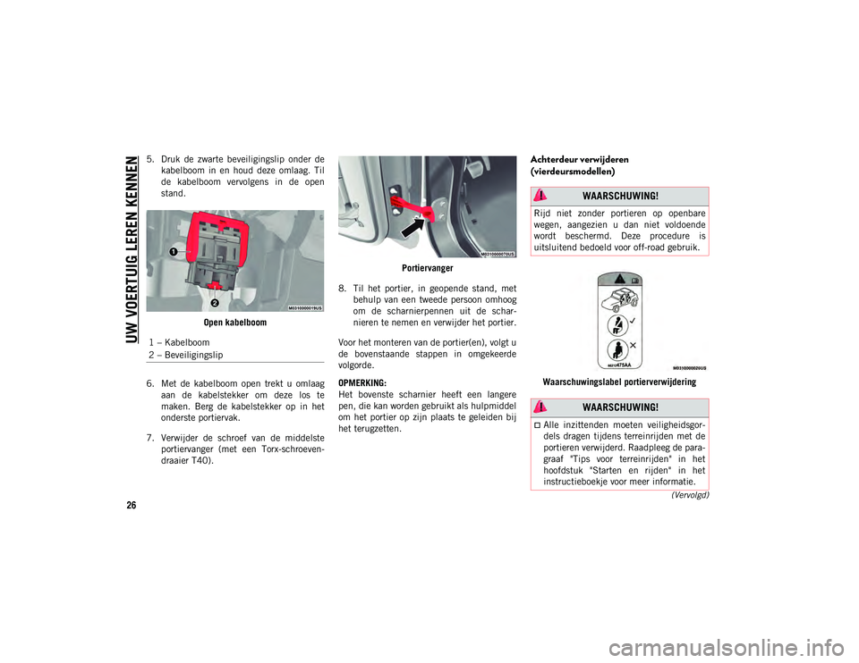JEEP WRANGLER 2DOORS 2020 Instructieboek (in Dutch) UW VOERTUIG LEREN KENNEN
26(Vervolgd)
5. Druk de zwarte beveiligingslip onder dekabelboom in en houd deze omlaag. Til
de kabelboom vervolgens in de open
stand.
Open kabelboom
6. Met d JEEP WRANGLER 2DOORS 2020 Instructieboek (in Dutch) UW VOERTUIG LEREN KENNEN
26(Vervolgd)
5. Druk de zwarte beveiligingslip onder dekabelboom in en houd deze omlaag. Til
de kabelboom vervolgens in de open
stand.
Open kabelboom
6. Met d