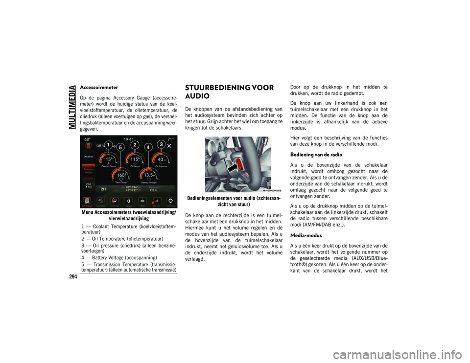 JEEP WRANGLER 2DOORS 2021 Instructieboek (in Dutch) MULTIMEDIA
294
Accessoiremeter
Op de pagina Accessory Gauge (accessoire-
meter) wordt de huidige status van de koel-
vloeistoftemperatuur, de olietemperatuur, de
oliedruk (alleen voer JEEP WRANGLER 2DOORS 2021 Instructieboek (in Dutch) MULTIMEDIA
294
Accessoiremeter
Op de pagina Accessory Gauge (accessoire-
meter) wordt de huidige status van de koel-
vloeistoftemperatuur, de olietemperatuur, de
oliedruk (alleen voer