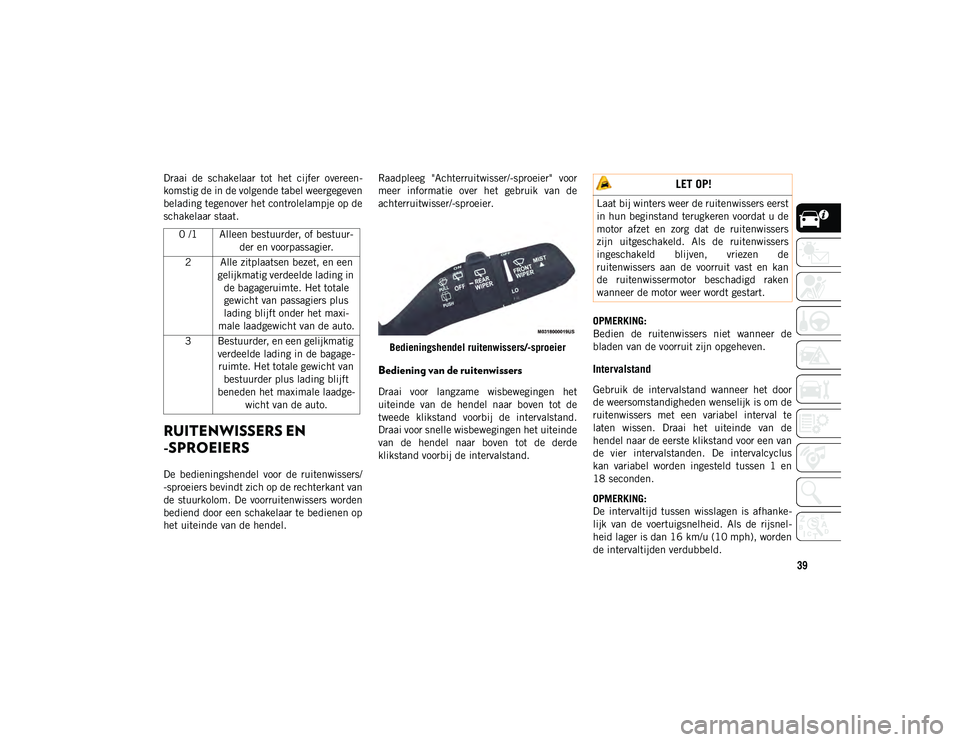 JEEP WRANGLER 2DOORS 2021 Instructieboek (in Dutch) 39
Draai de schakelaar tot het cijfer overeen-
komstig de in de volgende tabel weergegeven
belading tegenover het controlelampje op de
schakelaar staat.
RUITENWISSERS EN
-SPROEIERS
De bedien JEEP WRANGLER 2DOORS 2021 Instructieboek (in Dutch) 39
Draai de schakelaar tot het cijfer overeen-
komstig de in de volgende tabel weergegeven
belading tegenover het controlelampje op de
schakelaar staat.
RUITENWISSERS EN
-SPROEIERS
De bedien