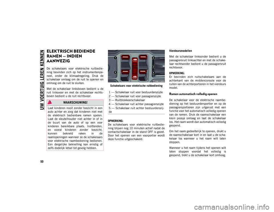 JEEP WRANGLER 2DOORS 2021 Instructieboek (in Dutch) UW VOERTUIG LEREN KENNEN
50
ELEKTRISCH BEDIENDE
RAMEN — INDIEN
AANWEZIG
De schakelaars voor elektrische ruitbedie-
ning bevinden zich op het instrumentenpa -
neel, onder de klimaatre JEEP WRANGLER 2DOORS 2021 Instructieboek (in Dutch) UW VOERTUIG LEREN KENNEN
50
ELEKTRISCH BEDIENDE
RAMEN — INDIEN
AANWEZIG
De schakelaars voor elektrische ruitbedie-
ning bevinden zich op het instrumentenpa -
neel, onder de klimaatre