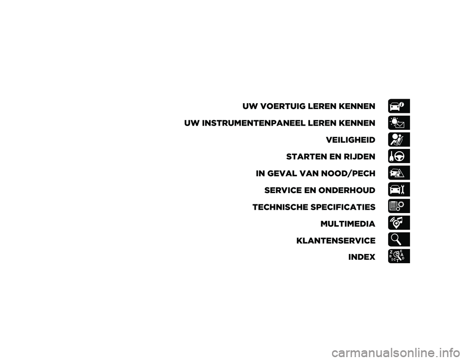 JEEP WRANGLER 2DOORS 2021  Instructieboek (in Dutch) UW VOERTUIG LEREN KENNEN
UW INSTRUMENTENPANEEL LEREN KENNEN VEILIGHEID
STARTEN EN RIJDEN
IN GEVAL VAN NOOD/PECH SERVICE EN ONDERHOUD
TECHNISCHE SPECIFICATIES MULTIMEDIA
KLANTENSERVICE INDEX
2020_JEEP_