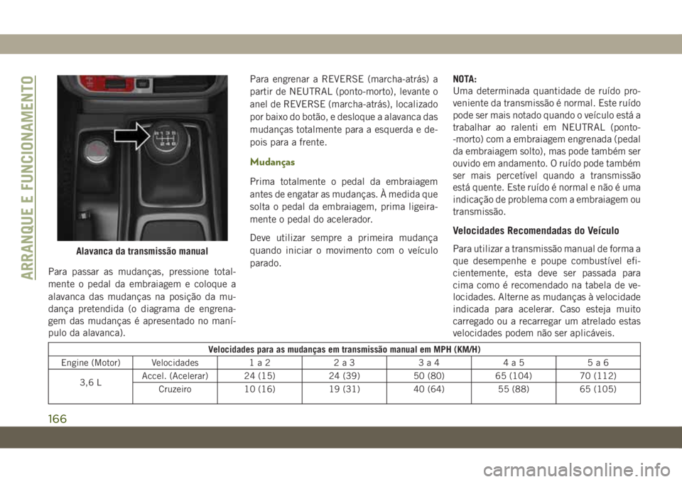 JEEP WRANGLER 2DOORS 2018  Manual de Uso e Manutenção (in Portuguese) Para passar as mudanças, pressione total-
mente o pedal da embraiagem e coloque a
alavanca das mudanças na posição da mu-
dança pretendida (o diagrama de engrena-
gem das mudanças é apresentado