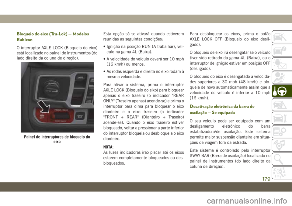 JEEP WRANGLER 2DOORS 2018  Manual de Uso e Manutenção (in Portuguese) Bloqueio do eixo (Tru-Lok) — Modelos
Rubicon
O interruptor AXLE LOCK (Bloqueio do eixo)
está localizado no painel de instrumentos (do
lado direito da coluna de direção).Esta opção só se ativar