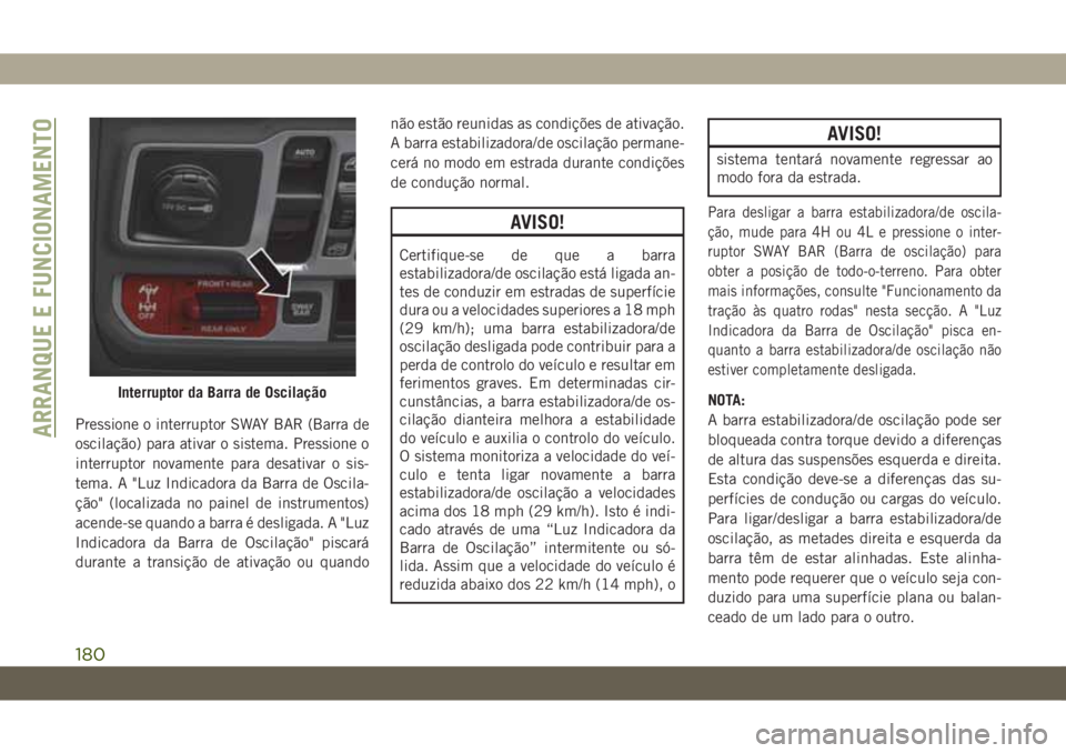 JEEP WRANGLER 2DOORS 2018  Manual de Uso e Manutenção (in Portuguese) Pressione o interruptor SWAY BAR (Barra de
oscilação) para ativar o sistema. Pressione o
interruptor novamente para desativar o sis-
tema. A "Luz Indicadora da Barra de Oscila-
ção" (local