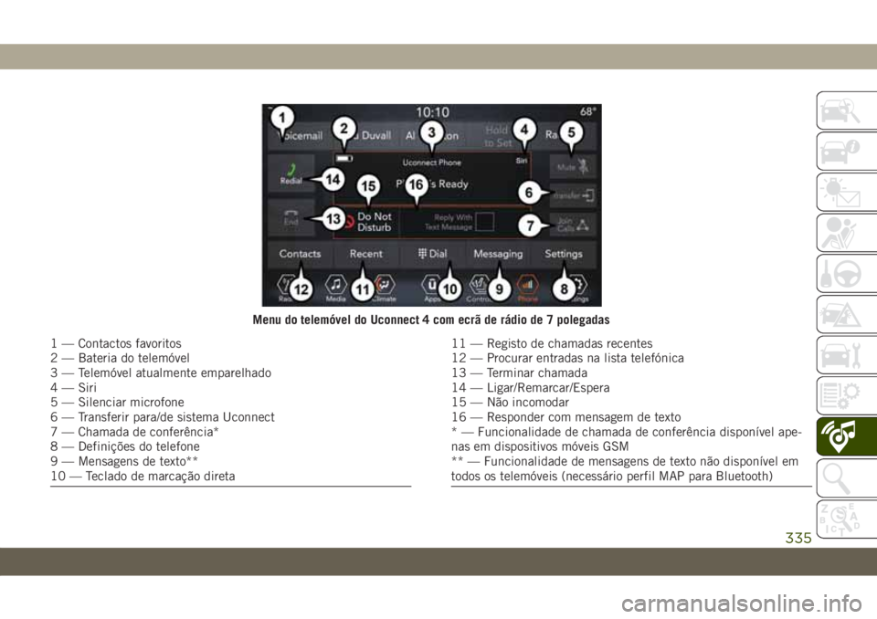 JEEP WRANGLER 2DOORS 2018  Manual de Uso e Manutenção (in Portuguese) Menu do telemóvel do Uconnect 4 com ecrã de rádio de 7 polegadas
1 — Contactos favoritos
2 — Bateria do telemóvel
3 — Telemóvel atualmente emparelhado
4 — Siri
5 — Silenciar microfone
6