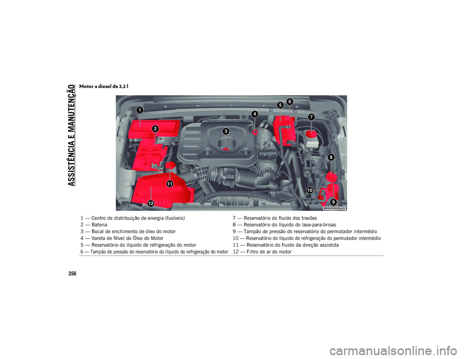 JEEP WRANGLER 2DOORS 2020 Manual de Uso e Manutenção (in Portuguese) ASSISTÊNCIA E MANUTENÇÃO
256
Motor a diesel de 2,2 l
1 — Centro de distribuição de energia (fusíveis)7 — Reservatório do fluido dos travões
2 — Bateria 8 — Reservatório do líquido do JEEP WRANGLER 2DOORS 2020 Manual de Uso e Manutenção (in Portuguese) ASSISTÊNCIA E MANUTENÇÃO
256
Motor a diesel de 2,2 l
1 — Centro de distribuição de energia (fusíveis)7 — Reservatório do fluido dos travões
2 — Bateria 8 — Reservatório do líquido do