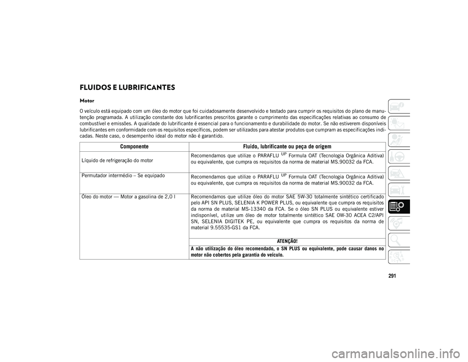 JEEP WRANGLER 2DOORS 2020 Manual de Uso e Manutenção (in Portuguese) 291
FLUIDOS E LUBRIFICANTES
Motor
O veículo está equipado com um óleo do motor que foi cuidadosamente desenvolvido e testado para cumprir os requisitos do plano de manu-
tenção programada. JEEP WRANGLER 2DOORS 2020 Manual de Uso e Manutenção (in Portuguese) 291
FLUIDOS E LUBRIFICANTES
Motor
O veículo está equipado com um óleo do motor que foi cuidadosamente desenvolvido e testado para cumprir os requisitos do plano de manu-
tenção programada.