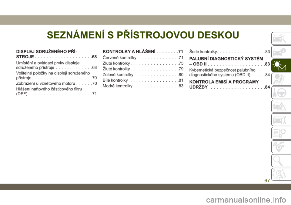 JEEP WRANGLER 2DOORS 2019 Návod k použití a údržbě (in Czech) SEZNÁMENÍ S PŘÍSTROJOVOU DESKOU
DISPLEJ SDRUŽENÉHO PŘÍ-
STROJE....................68
Umístění a ovládací prvky displeje
sdruženého přístroje.............68
Volitelné položky na disp JEEP WRANGLER 2DOORS 2019 Návod k použití a údržbě (in Czech) SEZNÁMENÍ S PŘÍSTROJOVOU DESKOU
DISPLEJ SDRUŽENÉHO PŘÍ-
STROJE....................68
Umístění a ovládací prvky displeje
sdruženého přístroje.............68
Volitelné položky na disp