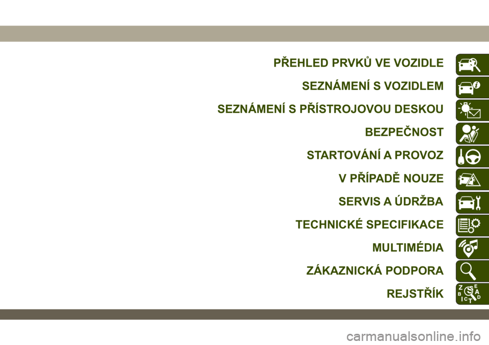 JEEP WRANGLER 2DOORS 2018  Návod k použití a údržbě (in Czech) PŘEHLED PRVKŮ VE VOZIDLE
SEZNÁMENÍ S VOZIDLEM
SEZNÁMENÍ S PŘÍSTROJOVOU DESKOU
BEZPEČNOST
STARTOVÁNÍ A PROVOZ
V PŘÍPADĚ NOUZE
SERVIS A ÚDRŽBA
TECHNICKÉ SPECIFIKACE
MULTIMÉDIA
ZÁKAZNI