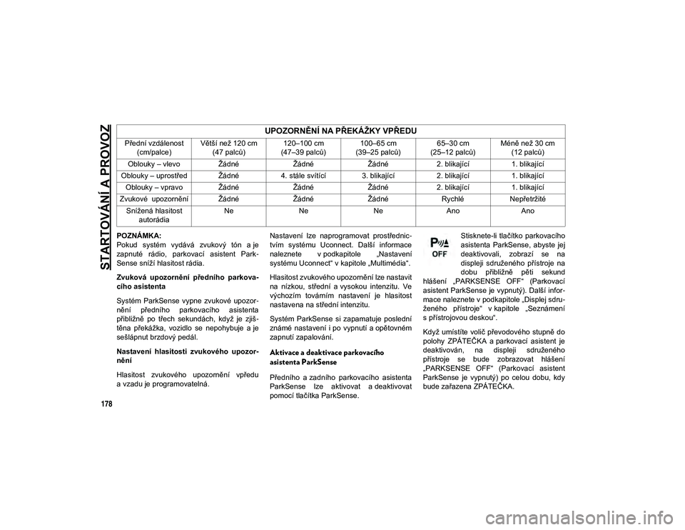 JEEP WRANGLER 2DOORS 2021  Návod k použití a údržbě (in Czech) STARTOVÁNÍ A PROVOZ
178
POZNÁMKA:
Pokud  systém  vydává  zvukový  tón  a je
zapnuté  rádio,  parkovací  asistent  Park-
Sense sníží hlasitost rádia.
Zvuková  upozornění  předního  