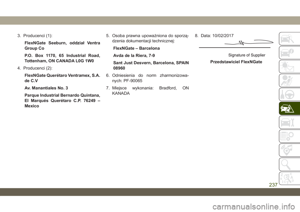 JEEP WRANGLER 2DOORS 2018  Instrukcja obsługi (in Polish) 3. Producenci (1):
FlexNGate Seeburn, oddział Ventra
Group Co
P.O. Box 1170, 65 Industrial Road,
Tottenham, ON CANADA L0G 1W0
4. Producenci (2):
FlexNGate Querétaro Ventramex, S.A.
de C.V
Av. Manant