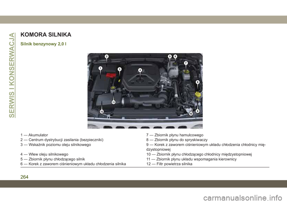 JEEP WRANGLER 2DOORS 2018 Instrukcja obsługi (in Polish) KOMORA SILNIKA
Silnik benzynowy 2,0 l
1 — Akumulator 7 — Zbiornik płynu hamulcowego
2 — Centrum dystrybucji zasilania (bezpieczniki) 8 — Zbiornik płynu do spryskiwaczy
3 — Wskaźnik poziom JEEP WRANGLER 2DOORS 2018 Instrukcja obsługi (in Polish) KOMORA SILNIKA
Silnik benzynowy 2,0 l
1 — Akumulator 7 — Zbiornik płynu hamulcowego
2 — Centrum dystrybucji zasilania (bezpieczniki) 8 — Zbiornik płynu do spryskiwaczy
3 — Wskaźnik poziom
