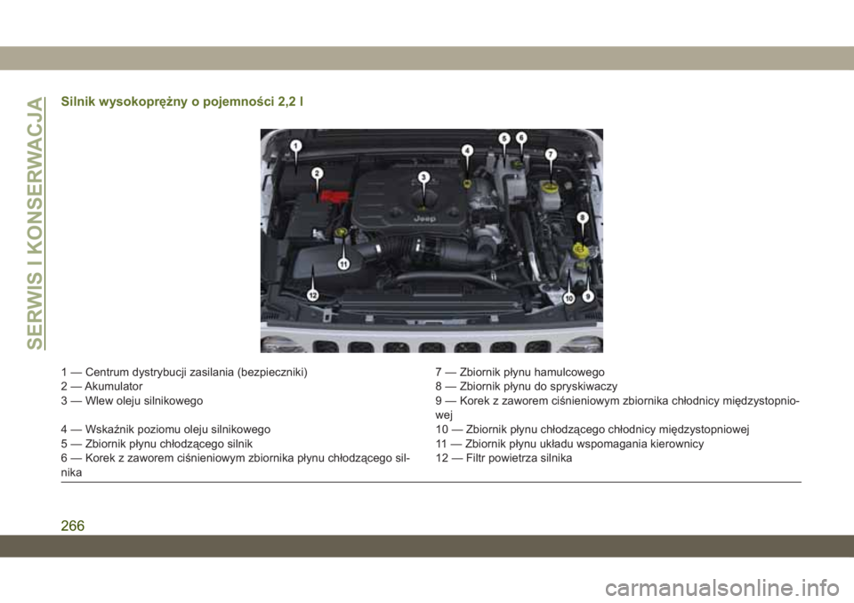 JEEP WRANGLER 2DOORS 2018 Instrukcja obsługi (in Polish) Silnik wysokoprężny o pojemności 2,2 l
1 — Centrum dystrybucji zasilania (bezpieczniki) 7 — Zbiornik płynu hamulcowego
2 — Akumulator 8 — Zbiornik płynu do spryskiwaczy
3 — Wlew oleju s JEEP WRANGLER 2DOORS 2018 Instrukcja obsługi (in Polish) Silnik wysokoprężny o pojemności 2,2 l
1 — Centrum dystrybucji zasilania (bezpieczniki) 7 — Zbiornik płynu hamulcowego
2 — Akumulator 8 — Zbiornik płynu do spryskiwaczy
3 — Wlew oleju s