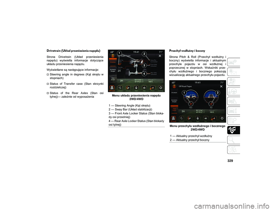 JEEP WRANGLER 2DOORS 2021  Instrukcja obsługi (in Polish) 329
Drivetrain (Układ przeniesienia napędu) 
Strona  Drivetrain  (Układ  przeniesienia
napędu)  wyświetla  informacje  dotyczące
układu przeniesienia napędu.
Wyświetlane są następujące inf