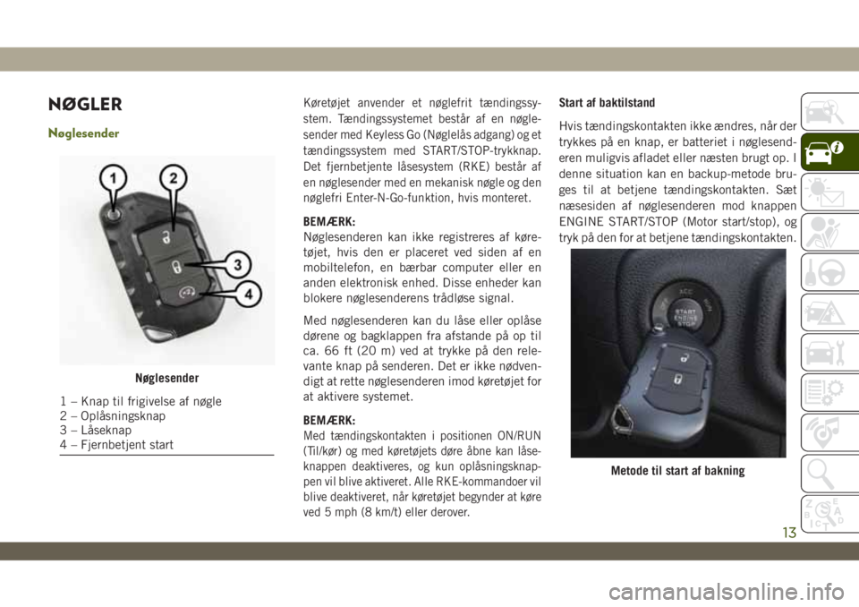 JEEP WRANGLER 2DOORS 2018  Brugs- og vedligeholdelsesvejledning (in Danish) NØGLER
Nøglesender
Køretøjet anvender et nøglefrit tændingssy-
stem. Tændingssystemet består af en nøgle-
sender med Keyless Go (Nøglelås adgang) og et
tændingssystem med START/STOP-trykkn