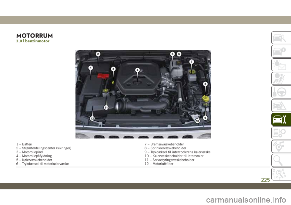 JEEP WRANGLER 2DOORS 2018 Brugs- og vedligeholdelsesvejledning (in Danish) MOTORRUM2,0 l benzinmotor
1 – Batteri7 – Bremsevæskebeholder
2 – Strømfordelingscenter (sikringer) 8 – Sprinklervæskebeholder
3 – Motoroliepind 9 – Trykdæksel til intercoolerens køler JEEP WRANGLER 2DOORS 2018 Brugs- og vedligeholdelsesvejledning (in Danish) MOTORRUM2,0 l benzinmotor
1 – Batteri7 – Bremsevæskebeholder
2 – Strømfordelingscenter (sikringer) 8 – Sprinklervæskebeholder
3 – Motoroliepind 9 – Trykdæksel til intercoolerens køler