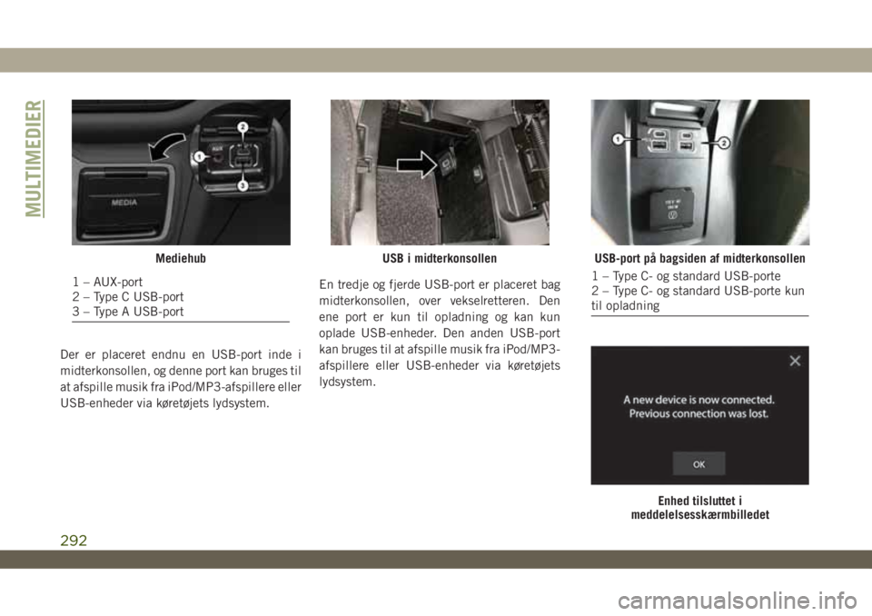 JEEP WRANGLER 2DOORS 2019 Brugs- og vedligeholdelsesvejledning (in Danish) Der er placeret endnu en USB-port inde i
midterkonsollen, og denne port kan bruges til
at afspille musik fra iPod/MP3-afspillere eller
USB-enheder via køretøjets lydsystem.En tredje og fjerde USB-po JEEP WRANGLER 2DOORS 2019 Brugs- og vedligeholdelsesvejledning (in Danish) Der er placeret endnu en USB-port inde i
midterkonsollen, og denne port kan bruges til
at afspille musik fra iPod/MP3-afspillere eller
USB-enheder via køretøjets lydsystem.En tredje og fjerde USB-po
