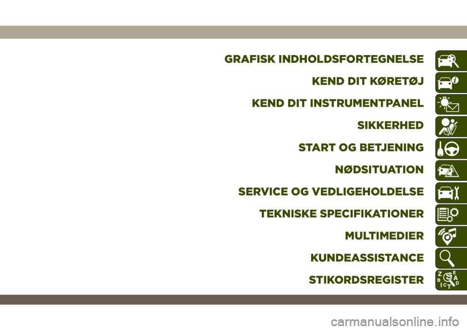 JEEP WRANGLER 2DOORS 2018  Brugs- og vedligeholdelsesvejledning (in Danish) GRAFISK INDHOLDSFORTEGNELSE
KEND DIT KØRETØJ
KEND DIT INSTRUMENTPANEL
SIKKERHED
START OG BETJENING
NØDSITUATION
SERVICE OG VEDLIGEHOLDELSE
TEKNISKE SPECIFIKATIONER
MULTIMEDIER
KUNDEASSISTANCE
STIKO