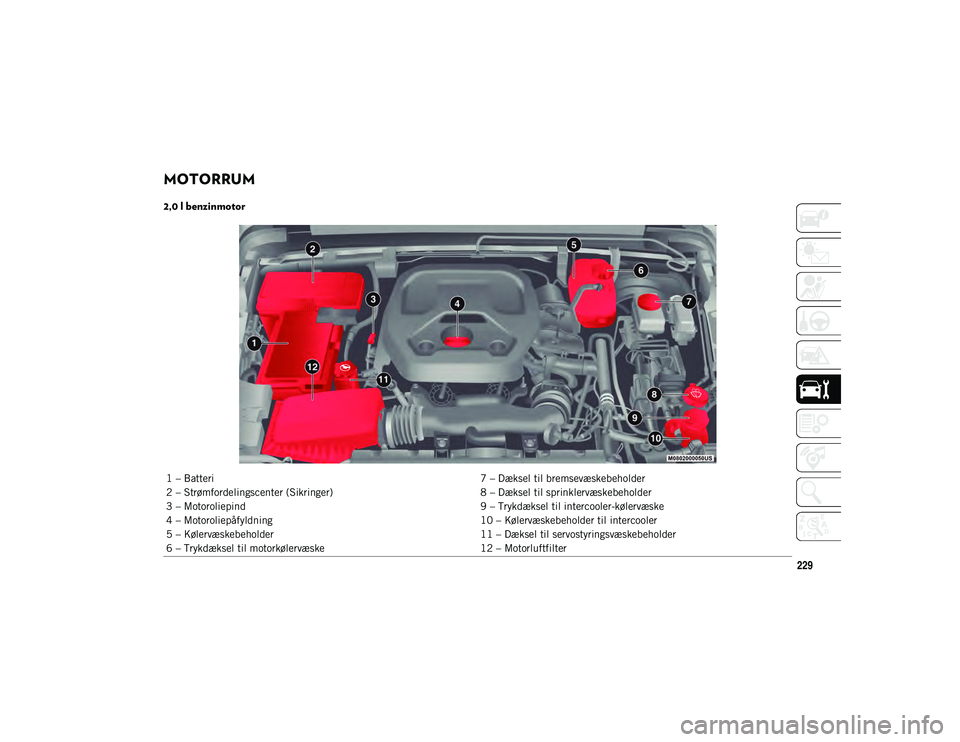 JEEP WRANGLER 2DOORS 2020  Brugs- og vedligeholdelsesvejledning (in Danish) 229
MOTORRUM  
2,0 l benzinmotor 
1 – Batteri7 – Dæksel til bremsevæskebeholder
2 – Strømfordelingscenter (Sikringer) 8 – Dæksel til sprinklervæskebeholder
3 – Motoroliepind 9 – Trykd