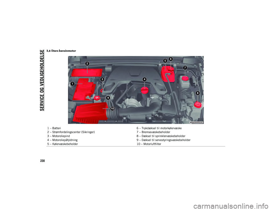 JEEP WRANGLER 2DOORS 2020  Brugs- og vedligeholdelsesvejledning (in Danish) SERVICE OG VEDLIGEHOLDELSE
230
3,6-liters benzinmotor 
1 – Batteri6 – Trykdæksel til motorkølervæske
2 – Strømfordelingscenter (Sikringer) 7 – Bremsevæskebeholder
3 – Motoroliepind 8 