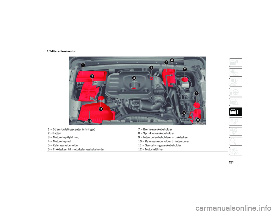 JEEP WRANGLER 2DOORS 2020  Brugs- og vedligeholdelsesvejledning (in Danish) 231
2,2-liters dieselmotor
1 – Strømfordelingscenter (sikringer)7 – Bremsevæskebeholder
2 - Batteri 8 – Sprinklervæskebeholder
3 – Motoroliepåfyldning 9 – Intercooler-beholderens trykdæ