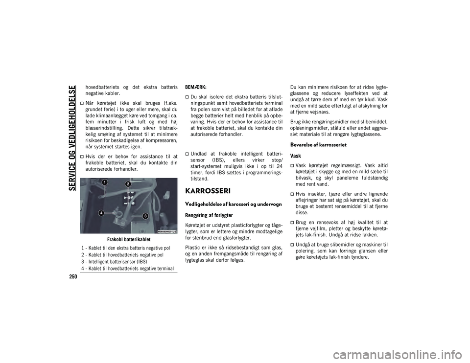 JEEP WRANGLER 2DOORS 2021 Brugs- og vedligeholdelsesvejledning (in Danish) SERVICE OG VEDLIGEHOLDELSE
250
hovedbatteriets og det ekstra batteris
negative kabler.
Når køretøjet ikke skal bruges (f.eks.
grundet ferie) i to uger eller mere, skal du
lade klimaanl JEEP WRANGLER 2DOORS 2021 Brugs- og vedligeholdelsesvejledning (in Danish) SERVICE OG VEDLIGEHOLDELSE
250
hovedbatteriets og det ekstra batteris
negative kabler.
Når køretøjet ikke skal bruges (f.eks.
grundet ferie) i to uger eller mere, skal du
lade klimaanl