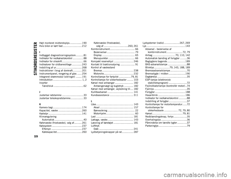 JEEP WRANGLER 2DOORS 2020  Brugs- og vedligeholdelsesvejledning (in Danish) 329
STIKORDSREGISTER
Højt monteret midterstoplys ................ 190
Hvis bilen er kørt fast ......................... 212
I
Indbygget diagnosticeringssystem.......... 81
Indikator for nedkørselsk