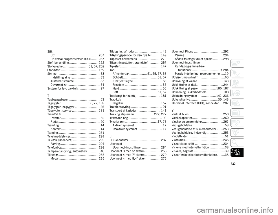 JEEP WRANGLER 2DOORS 2020  Brugs- og vedligeholdelsesvejledning (in Danish) 332
StikUCI ............................................... 287
Universal brugerinterface (UCI)........ 287
Stof, behandling ................................ 252
Stofkaleche ..........................