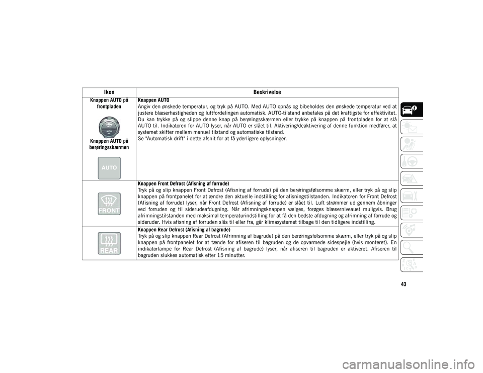 JEEP WRANGLER 2DOORS 2020  Brugs- og vedligeholdelsesvejledning (in Danish) 43
Knappen AUTO på frontpladen
Knappen AUTO på 
berøringsskærmen Knappen AUTO
Angiv den ønskede temperatur,  og tryk på AUTO. Med AUTO opnås og bibeholdes den ønskede temperatur ved at
justere