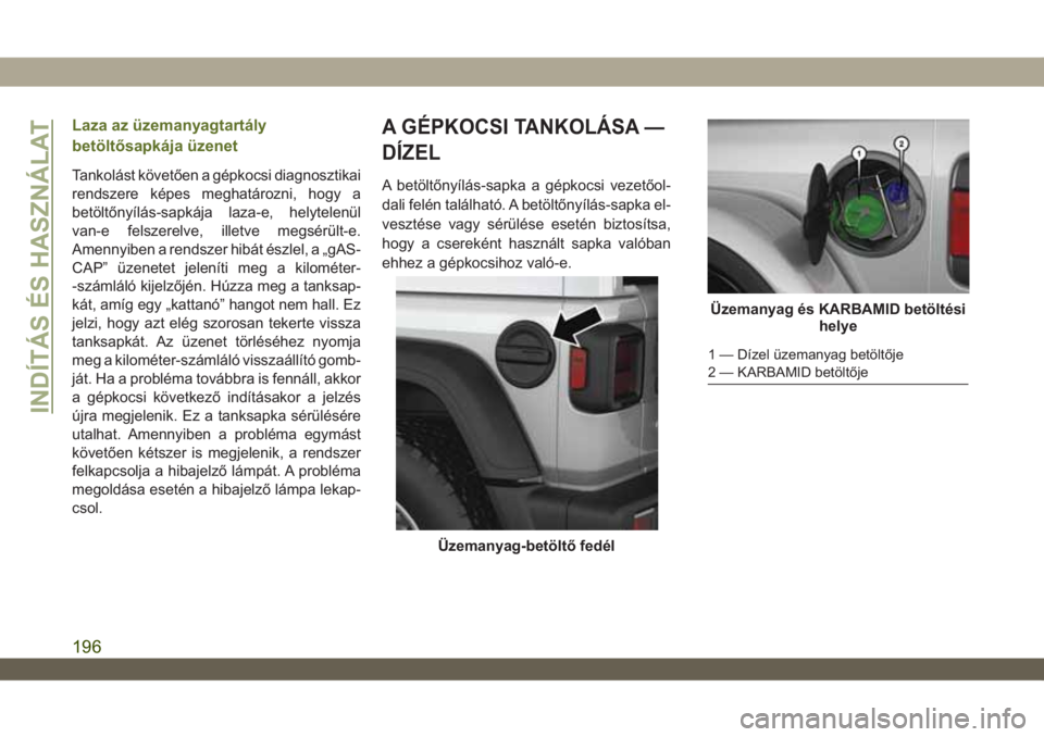 JEEP WRANGLER 2DOORS 2018 Kezelési és karbantartási útmutató (in Hungarian) Laza az üzemanyagtartály
betöltősapkája üzenet
Tankolást követően a gépkocsi diagnosztikai
rendszere képes meghatározni, hogy a
betöltőnyílás-sapkája laza-e, helytelenül
van-e felsze JEEP WRANGLER 2DOORS 2018 Kezelési és karbantartási útmutató (in Hungarian) Laza az üzemanyagtartály
betöltősapkája üzenet
Tankolást követően a gépkocsi diagnosztikai
rendszere képes meghatározni, hogy a
betöltőnyílás-sapkája laza-e, helytelenül
van-e felsze