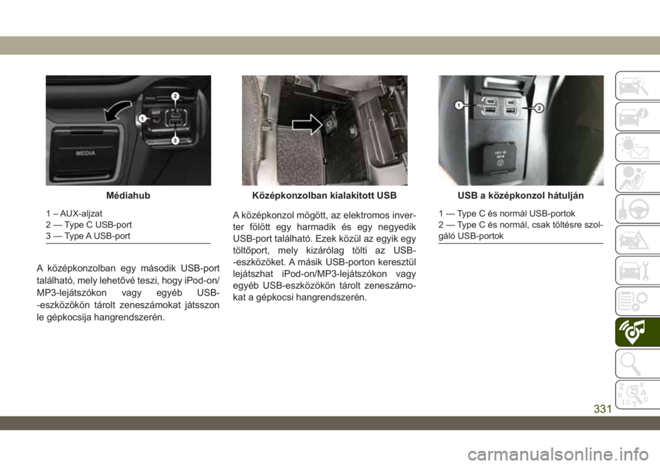 JEEP WRANGLER 2DOORS 2018 Kezelési és karbantartási útmutató (in Hungarian) A középkonzolban egy második USB-port
található, mely lehetővé teszi, hogy iPod-on/
MP3-lejátszókon vagy egyéb USB-
-eszközökön tárolt zeneszámokat játsszon
le gépkocsija hangrendszer JEEP WRANGLER 2DOORS 2018 Kezelési és karbantartási útmutató (in Hungarian) A középkonzolban egy második USB-port
található, mely lehetővé teszi, hogy iPod-on/
MP3-lejátszókon vagy egyéb USB-
-eszközökön tárolt zeneszámokat játsszon
le gépkocsija hangrendszer