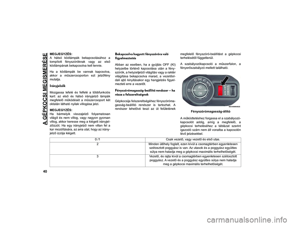 JEEP WRANGLER 2DOORS 2020  Kezelési és karbantartási útmutató (in Hungarian) A GÉPKOCSI MEGISMERÉSE
40
MEGJEGYZÉS:
A  hátsó  ködlámpák  bekapcsolásához  a
tompított  fényszóróknak  vagy  az  első
ködlámpának bekapcsolva kell lennie.
Ha  a  ködlámpák  be  v