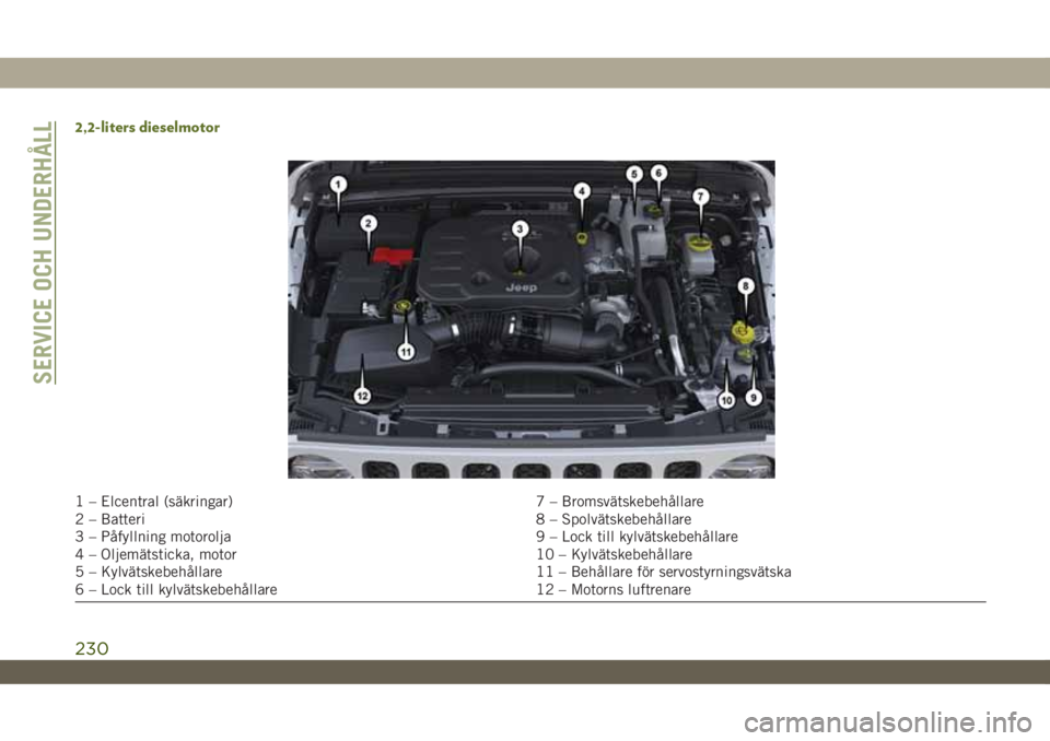 JEEP WRANGLER 2DOORS 2018  Drift- och underhållshandbok (in Swedish) 2,2-liters dieselmotor
1 – Elcentral (säkringar) 7 – Bromsvätskebehållare
2 – Batteri 8 – Spolvätskebehållare
3 – Påfyllning motorolja 9 – Lock till kylvätskebehållare
4 – Oljem