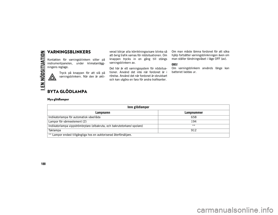 JEEP WRANGLER 2DOORS 2020 Drift- och underhållshandbok (in Swedish) 188
I EN NÖDSITUATION
VARNINGSBLINKERS
Kontakten för varningsblinkern sitter på
instrumentpanelen, under klimatanlägg-
ningens reglage.Tryck på knappen för att slå på
varningsblin JEEP WRANGLER 2DOORS 2020 Drift- och underhållshandbok (in Swedish) 188
I EN NÖDSITUATION
VARNINGSBLINKERS
Kontakten för varningsblinkern sitter på
instrumentpanelen, under klimatanlägg-
ningens reglage.Tryck på knappen för att slå på
varningsblin