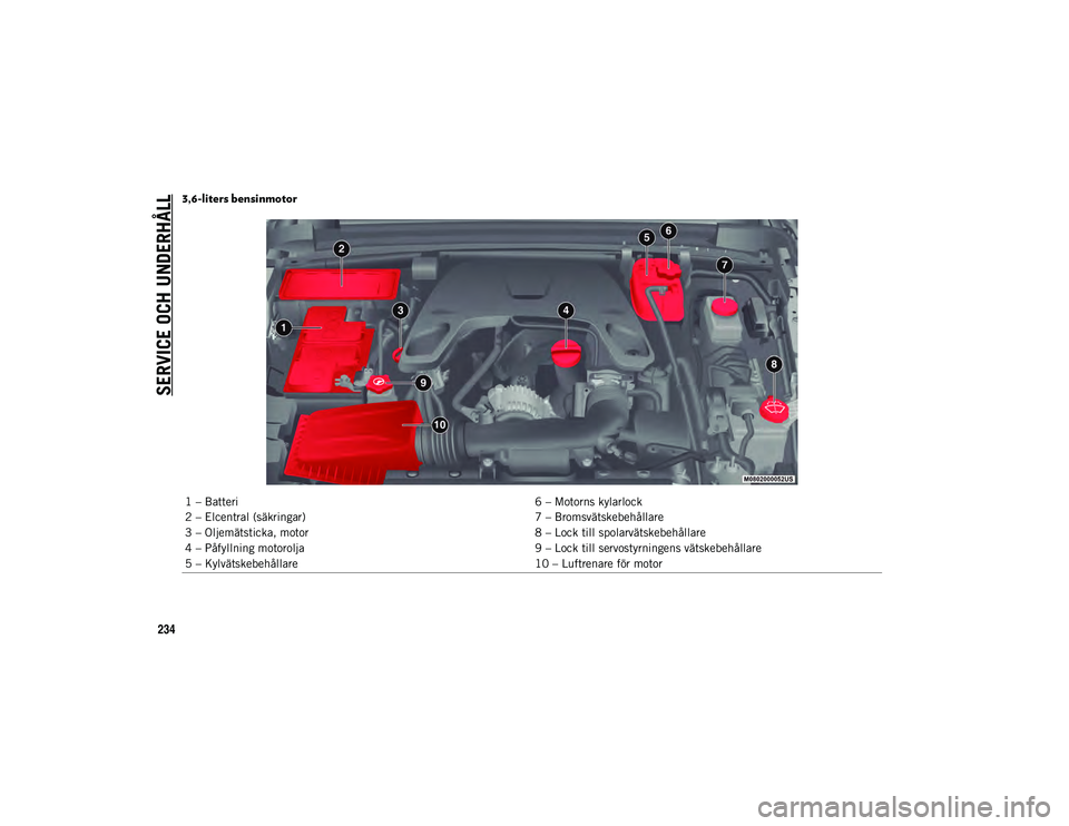 JEEP WRANGLER 2DOORS 2020  Drift- och underhållshandbok (in Swedish) SERVICE OCH UNDERHÅLL
234
3,6-liters bensinmotor 
1 – Batteri6 – Motorns kylarlock
2 – Elcentral (säkringar) 7 – Bromsvätskebehållare
3 – Oljemätsticka, motor 8 – Lock till spolarvät
