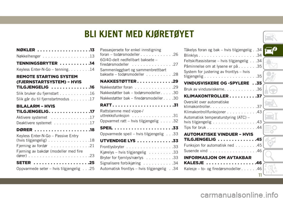 JEEP WRANGLER 2DOORS 2018  Drift- og vedlikeholdshåndbok (in Norwegian) BLI KJENT MED KJØRETØYET
NØKLER...................13
Nøkkelhenger.................13
TENNINGSBRYTER...........14
Keyless Enter-N-Go – tenning........14
REMOTE STARTING SYSTEM
(FJERNSTARTSYSTEM) 