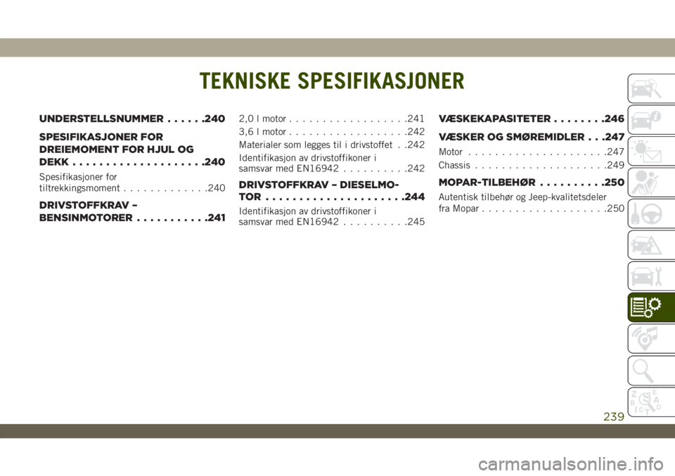 JEEP WRANGLER 2DOORS 2018 Drift- og vedlikeholdshåndbok (in Norwegian) TEKNISKE SPESIFIKASJONER
UNDERSTELLSNUMMER......240
SPESIFIKASJONER FOR
DREIEMOMENT FOR HJUL OG
DEKK....................240
Spesifikasjoner for
tiltrekkingsmoment.............240
DRIVSTOFFKRAV –
BEN JEEP WRANGLER 2DOORS 2018 Drift- og vedlikeholdshåndbok (in Norwegian) TEKNISKE SPESIFIKASJONER
UNDERSTELLSNUMMER......240
SPESIFIKASJONER FOR
DREIEMOMENT FOR HJUL OG
DEKK....................240
Spesifikasjoner for
tiltrekkingsmoment.............240
DRIVSTOFFKRAV –
BEN