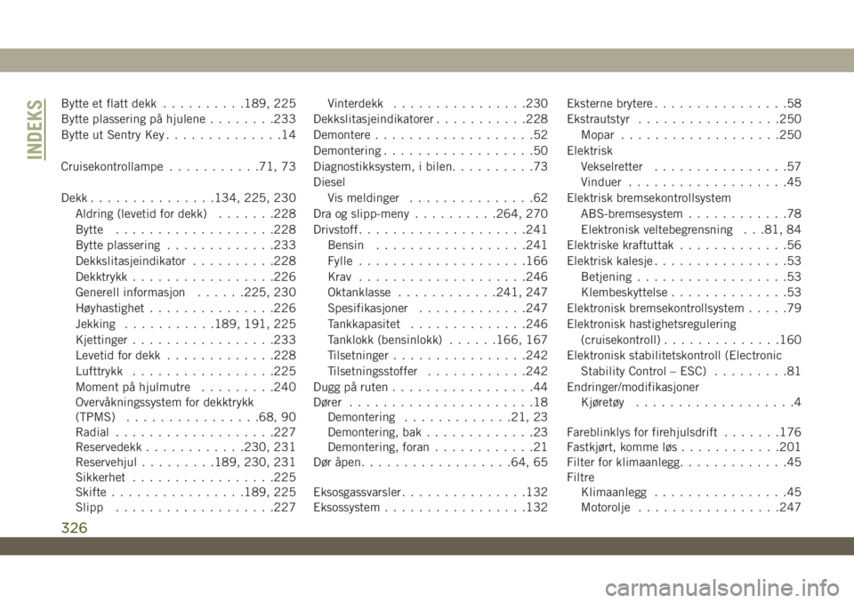 JEEP WRANGLER 2DOORS 2019  Drift- og vedlikeholdshåndbok (in Norwegian) Bytte et flatt dekk..........189, 225
Bytte plassering på hjulene........233
Bytte ut Sentry Key..............14
Cruisekontrollampe...........71, 73
Dekk...............134, 225, 230
Aldring (levetid 