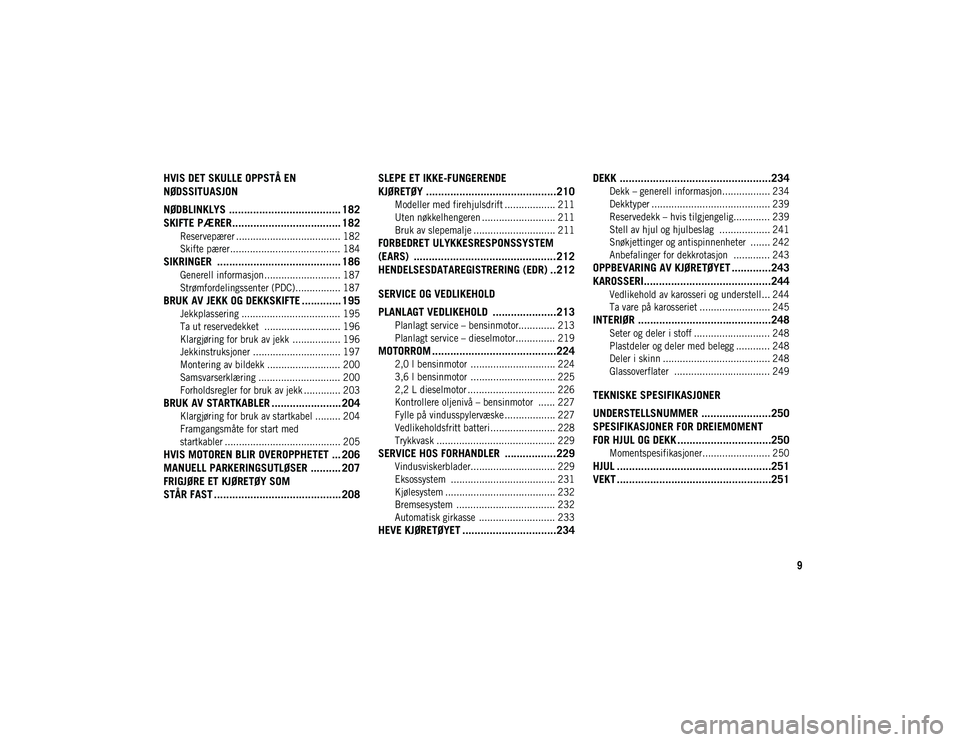 JEEP WRANGLER 2DOORS 2020  Drift- og vedlikeholdshåndbok (in Norwegian) 9
HVIS DET SKULLE OPPSTÅ EN 
NØDSSITUASJON
NØDBLINKLYS ..................................... 182
SKIFTE PÆRER.................................... 182

Reservepærer ...............................