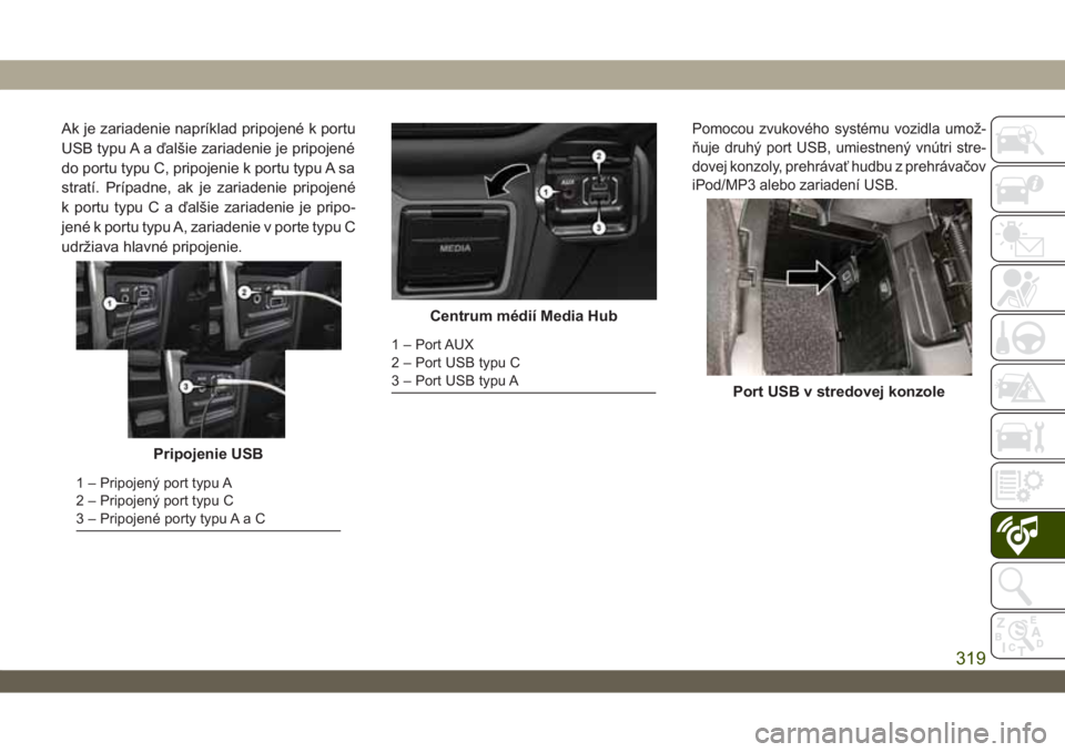 JEEP WRANGLER 2DOORS 2018 Návod na použitie a údržbu (in Slovakian) Ak je zariadenie napríklad pripojené k portu
USB typu A a ďalšie zariadenie je pripojené
do portu typu C, pripojenie k portu typu A sa
stratí. Prípadne, ak je zariadenie pripojené
k portu typu JEEP WRANGLER 2DOORS 2018 Návod na použitie a údržbu (in Slovakian) Ak je zariadenie napríklad pripojené k portu
USB typu A a ďalšie zariadenie je pripojené
do portu typu C, pripojenie k portu typu A sa
stratí. Prípadne, ak je zariadenie pripojené
k portu typu