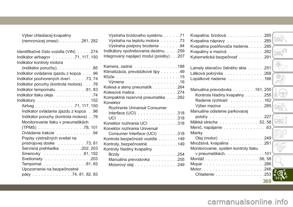 JEEP WRANGLER 2DOORS 2018  Návod na použitie a údržbu (in Slovakian) Výber chladiacej kvapaliny
(nemrznúcej zmesi)........281, 282
Identifikačné číslo vozidla (VIN).....274
Indikátor airbagov........71, 117, 150
Indikátor kontroly motora
(indikátor poruchy)...