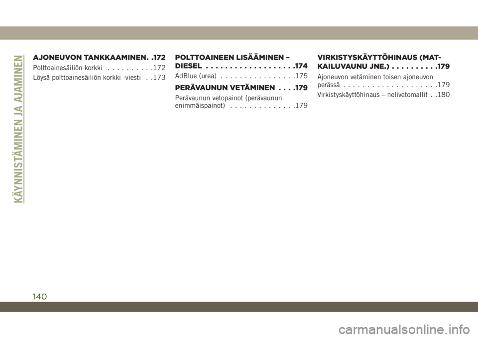 JEEP WRANGLER 2DOORS 2018  Käyttö- ja huolto-ohjekirja (in in Finnish) AJONEUVON TANKKAAMINEN . .172
Polttoainesäiliön korkki..........172
Löysä polttoainesäiliön korkki -viesti . .173
POLTTOAINEEN LISÄÄMINEN –
DIESEL...................174
AdBlue (urea)........