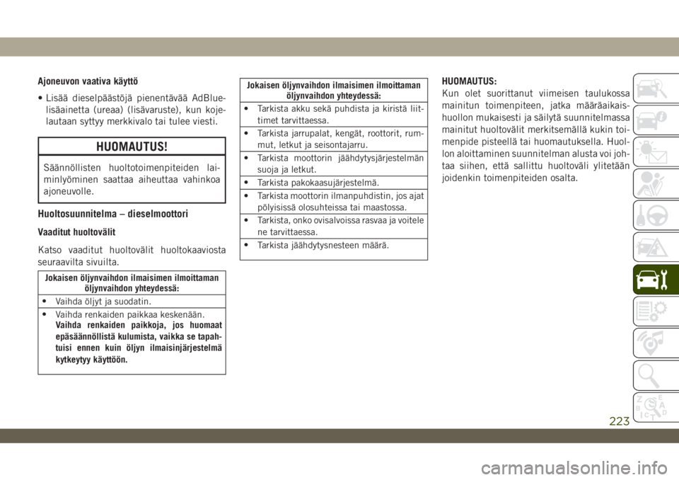 JEEP WRANGLER 2DOORS 2018  Käyttö- ja huolto-ohjekirja (in in Finnish) Ajoneuvon vaativa käyttö
• Lisää dieselpäästöjä pienentävää AdBlue-
lisäainetta (ureaa) (lisävaruste), kun koje-
lautaan syttyy merkkivalo tai tulee viesti.
HUOMAUTUS!
Säännöllisten 