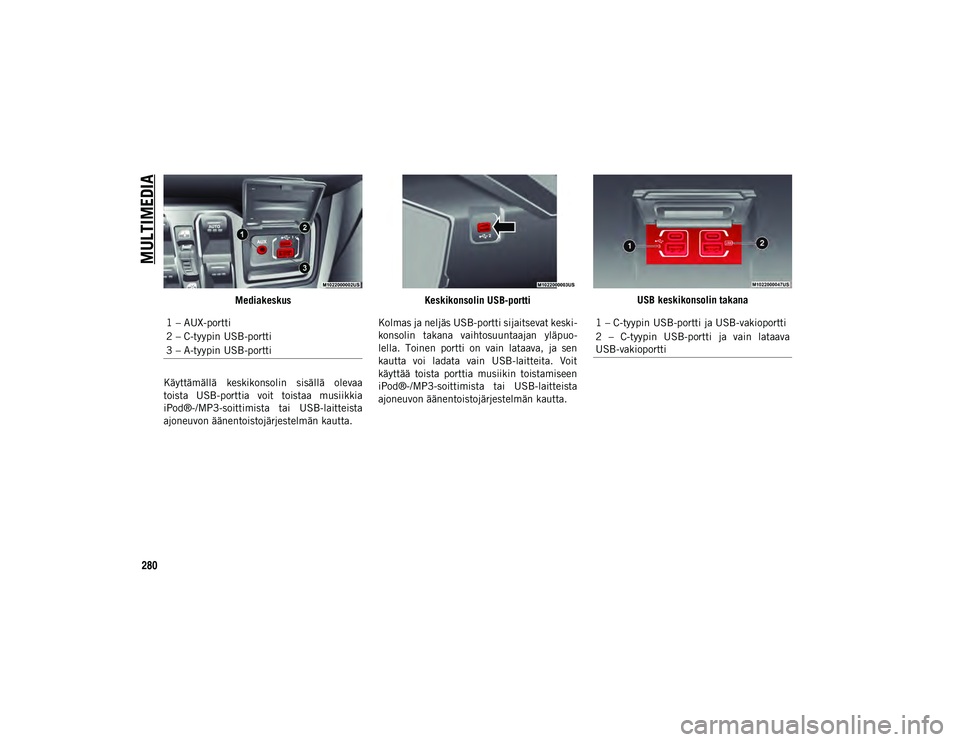 JEEP WRANGLER 2DOORS 2020 Käyttö- ja huolto-ohjekirja (in in Finnish) MULTIMEDIA
280
Mediakeskus
Käyttämällä keskikonsolin sisällä olevaa
toista USB-porttia voit toistaa musiikkia
iPod®-/MP3-soittimista tai USB-laitteista
ajoneuvon äänentoistojärjeste JEEP WRANGLER 2DOORS 2020 Käyttö- ja huolto-ohjekirja (in in Finnish) MULTIMEDIA
280
Mediakeskus
Käyttämällä keskikonsolin sisällä olevaa
toista USB-porttia voit toistaa musiikkia
iPod®-/MP3-soittimista tai USB-laitteista
ajoneuvon äänentoistojärjeste