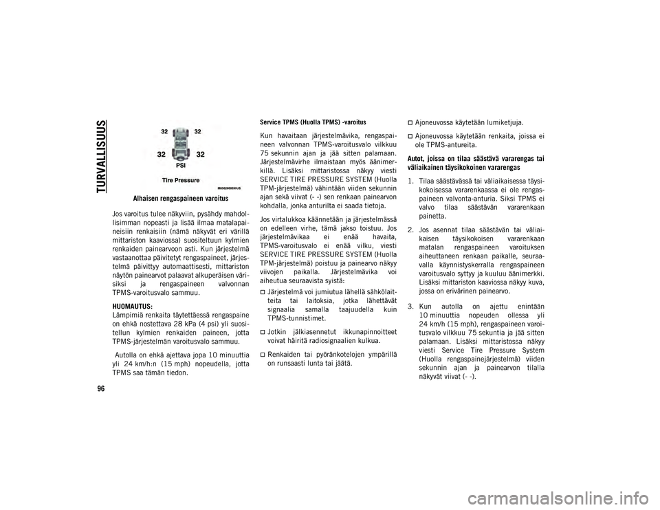 JEEP WRANGLER 2DOORS 2020  Käyttö- ja huolto-ohjekirja (in in Finnish) TURVALLISUUS
96
Alhaisen rengaspaineen varoitus
Jos varoitus tulee näkyviin, pysähdy mahdol-
lisimman  nopeasti  ja  lisää  ilmaa  matalapai-
neisiin  renkaisiin  (nämä  näkyvät  eri  värill�
