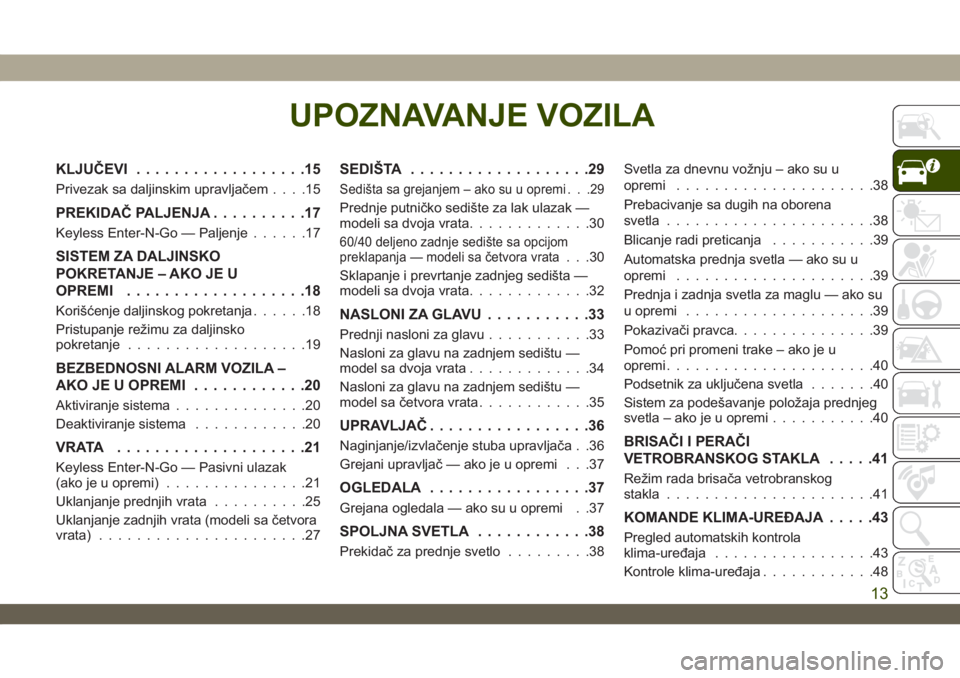 JEEP WRANGLER 2DOORS 2019 Knjižica za upotrebu i održavanje (in Serbian) UPOZNAVANJE VOZILA
KLJUČEVI..................15
Privezak sa daljinskim upravljačem....15
PREKIDAČ PALJENJA..........17
Keyless Enter-N-Go — Paljenje......17
SISTEM ZA DALJINSKO
POKRETANJE – AKO JEEP WRANGLER 2DOORS 2019 Knjižica za upotrebu i održavanje (in Serbian) UPOZNAVANJE VOZILA
KLJUČEVI..................15
Privezak sa daljinskim upravljačem....15
PREKIDAČ PALJENJA..........17
Keyless Enter-N-Go — Paljenje......17
SISTEM ZA DALJINSKO
POKRETANJE – AKO