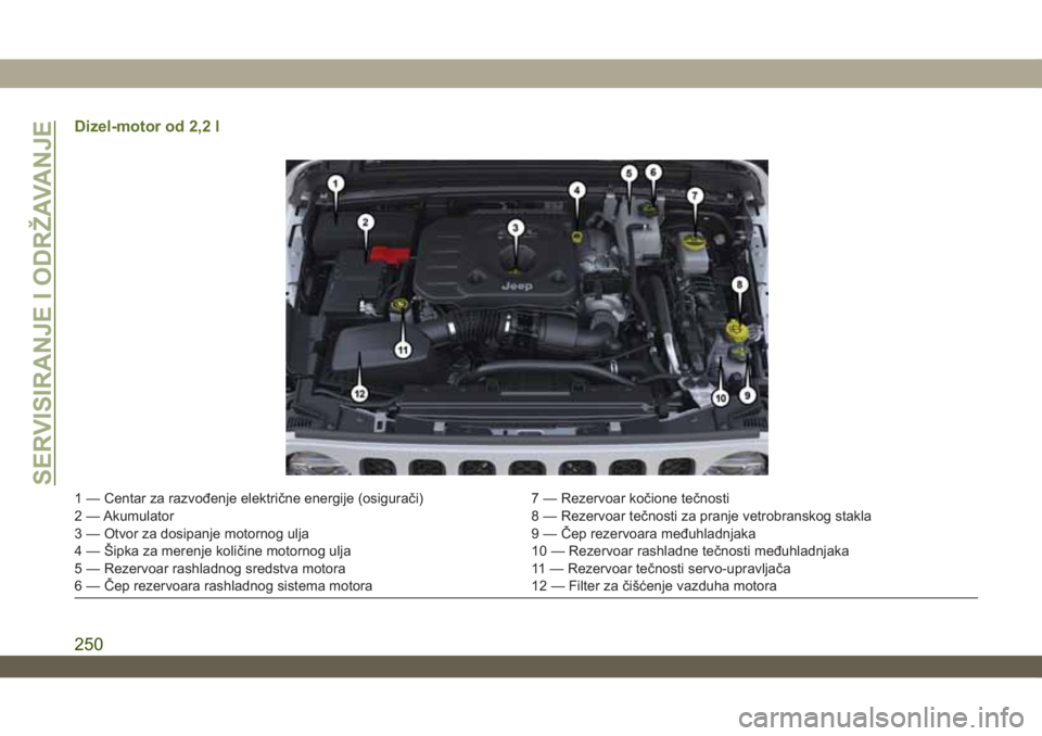 JEEP WRANGLER 2DOORS 2019  Knjižica za upotrebu i održavanje (in Serbian) Dizel-motor od 2,2 l
1 — Centar za razvođenje električne energije (osigurači) 7 — Rezervoar kočione tečnosti
2 — Akumulator 8 — Rezervoar tečnosti za pranje vetrobranskog stakla
3 — Ot